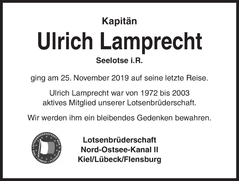  Traueranzeige für Ulrich Lamprecht vom 30.11.2019 aus Kieler Nachrichten