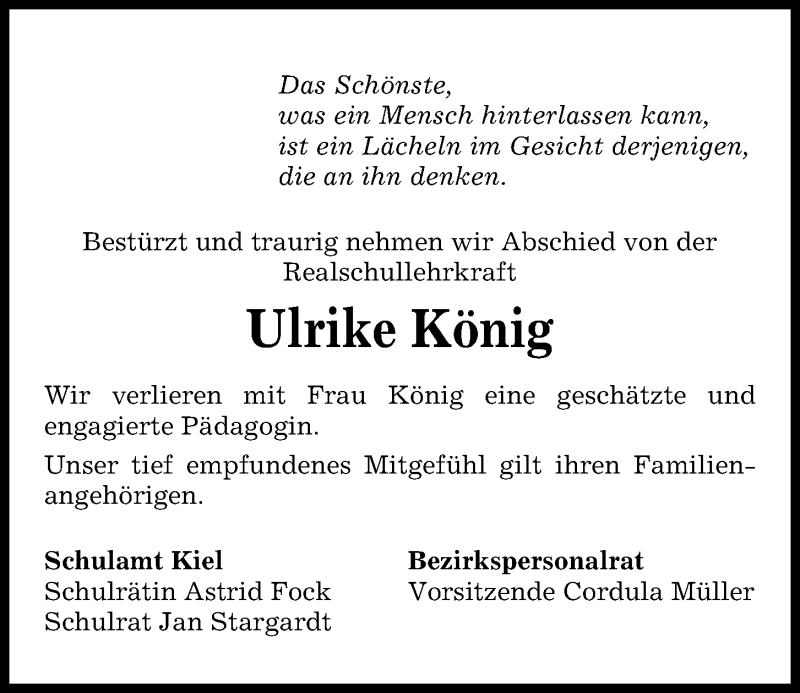  Traueranzeige für Ulrike König vom 30.11.2019 aus Kieler Nachrichten