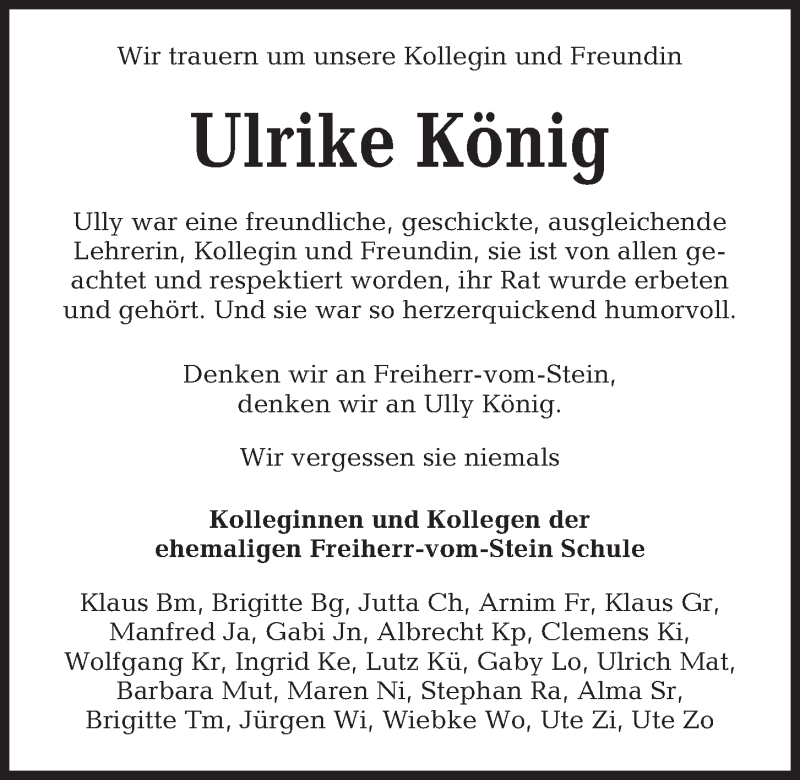  Traueranzeige für Ulrike König vom 30.11.2019 aus Kieler Nachrichten