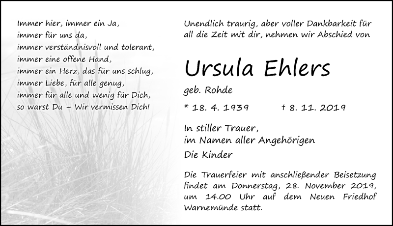  Traueranzeige für Ursula Ehlers vom 16.11.2019 aus Ostsee-Zeitung GmbH