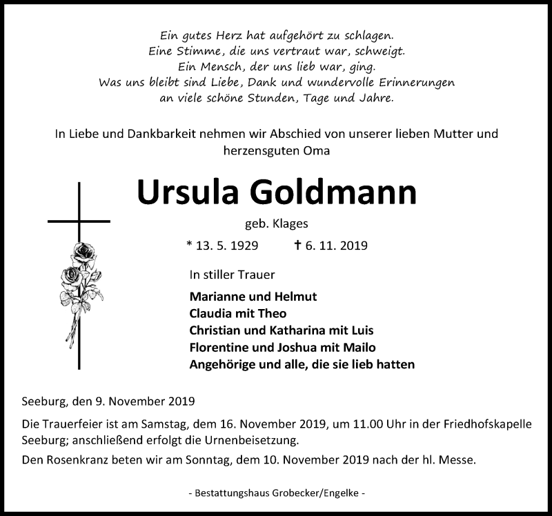  Traueranzeige für Ursula Goldmann vom 09.11.2019 aus Eichsfelder Tageblatt