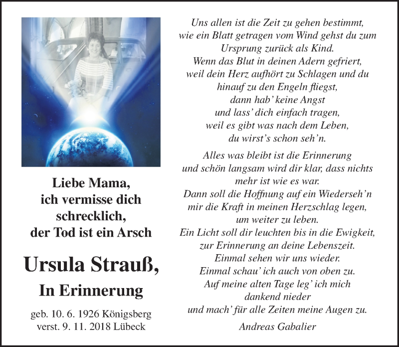  Traueranzeige für Ursula Strauß vom 10.11.2019 aus Lübecker Nachrichten