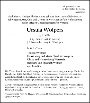 Traueranzeige von Ursula Wolpers von Göttinger Tageblatt