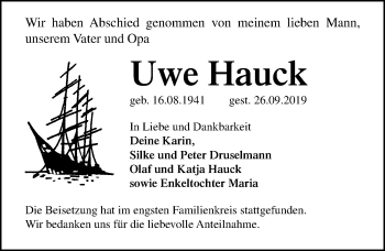 Traueranzeige von Uwe Hauck von Ostsee-Zeitung GmbH
