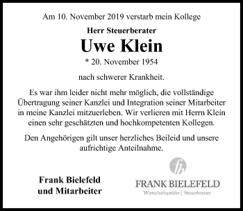 Traueranzeige von Uwe Klein von Hannoversche Allgemeine Zeitung/Neue Presse