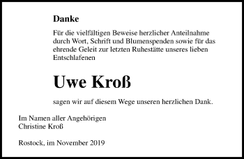 Traueranzeige von Uwe Kroß von Ostsee-Zeitung GmbH