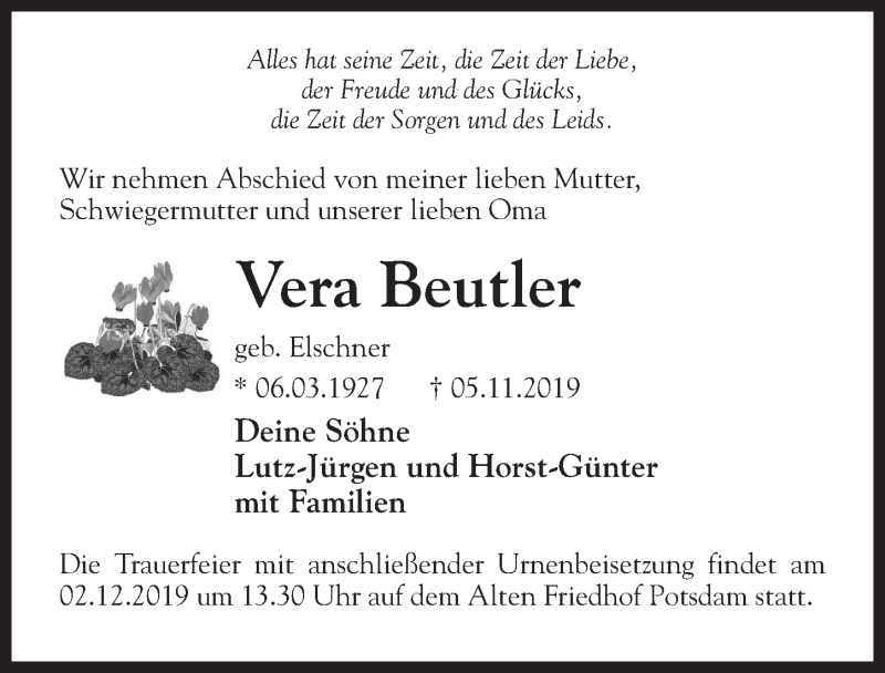  Traueranzeige für Vera Beutler vom 16.11.2019 aus Märkischen Allgemeine Zeitung