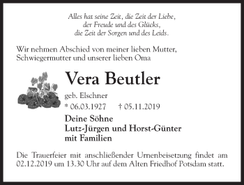 Traueranzeige von Vera Beutler von Märkischen Allgemeine Zeitung