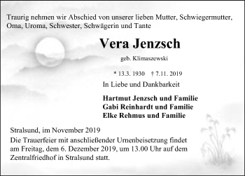 Traueranzeige von Vera Jenzsch von Ostsee-Zeitung GmbH