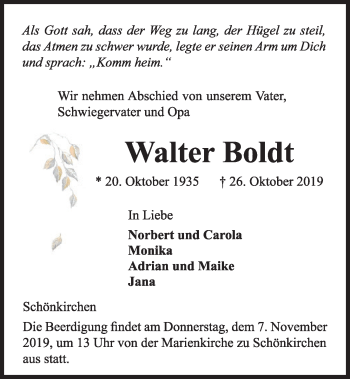 Traueranzeige von Walter Boldt von Kieler Nachrichten