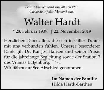 Traueranzeige von Walter Hardt von Kieler Nachrichten