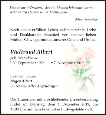 Traueranzeige von Waltraud Albert von Märkischen Allgemeine Zeitung