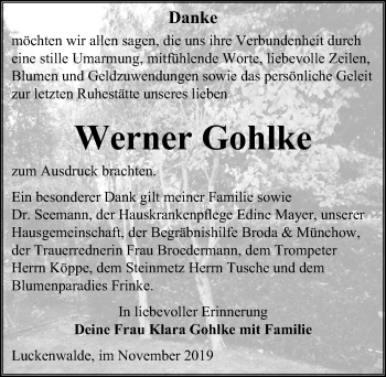 Traueranzeige von Werner Gohlke von Märkischen Allgemeine Zeitung