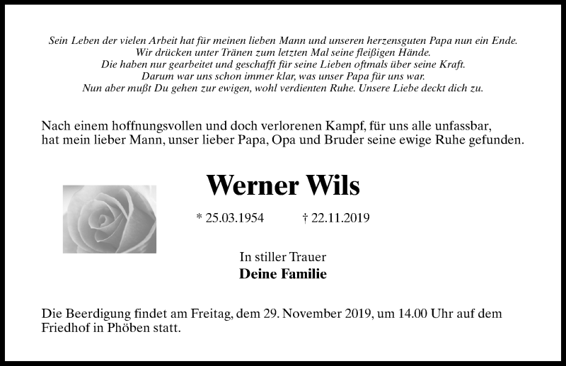  Traueranzeige für Werner Wils vom 27.11.2019 aus Märkischen Allgemeine Zeitung