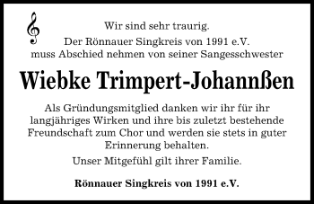 Traueranzeige von Wiebke Trimpert-Johannßen von Kieler Nachrichten