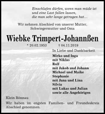 Traueranzeige von Wiebke Trimpert-Johannßen von Kieler Nachrichten