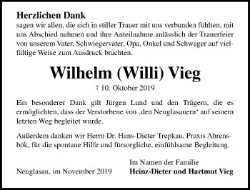 Traueranzeige von Wilhelm Vieg von Lübecker Nachrichten