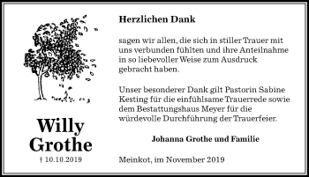 Traueranzeige von Willy Grothe von Aller Zeitung