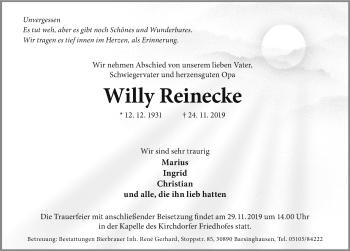 Traueranzeige von Willy Reinecke von Hannoversche Allgemeine Zeitung/Neue Presse