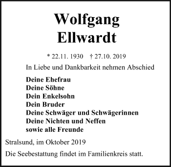 Traueranzeige von Wolfgang Ellwardt von Ostsee-Zeitung GmbH