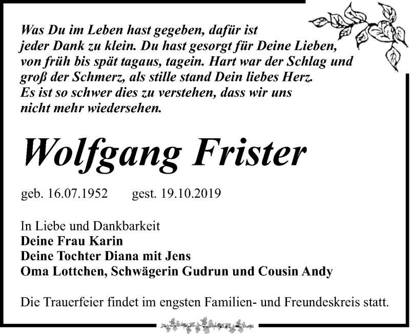  Traueranzeige für Wolfgang Frister vom 09.11.2019 aus Leipziger Volkszeitung