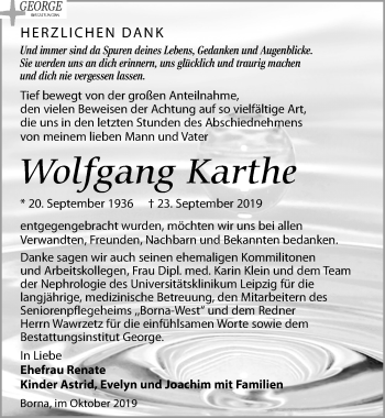 Traueranzeige von Wolfgang Karthe von Leipziger Volkszeitung