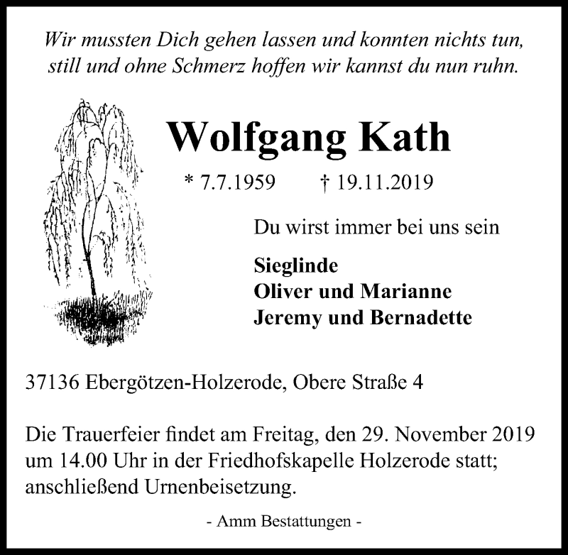  Traueranzeige für Wolfgang Kath vom 23.11.2019 aus Göttinger Tageblatt