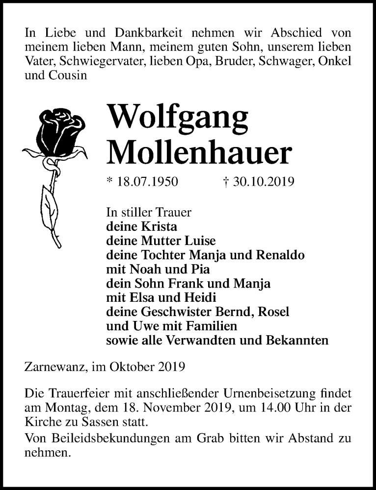  Traueranzeige für Wolfgang Mollenhauer vom 09.11.2019 aus Ostsee-Zeitung GmbH