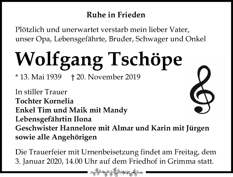  Traueranzeige für Wolfgang Tschöpe vom 30.11.2019 aus Leipziger Volkszeitung