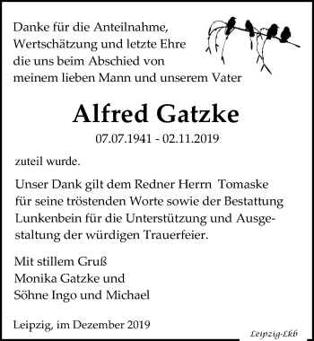 Traueranzeige von Alfred Gatzke von Leipziger Volkszeitung