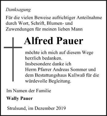 Traueranzeige von Alfred Pauer von Ostsee-Zeitung GmbH