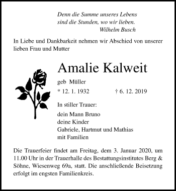Traueranzeige von Amalie Kalweit von Ostsee-Zeitung GmbH