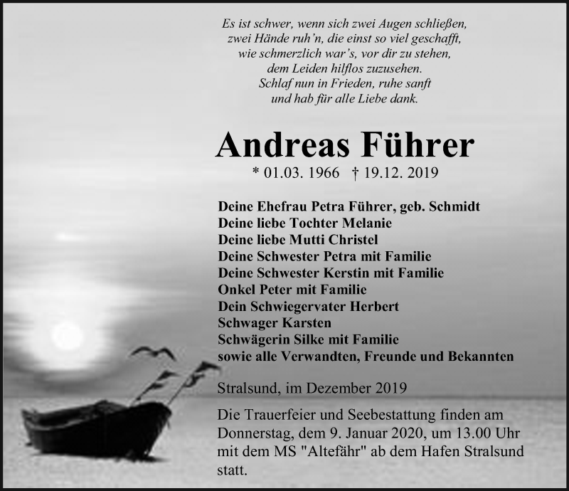  Traueranzeige für Andreas Führer vom 28.12.2019 aus Ostsee-Zeitung GmbH