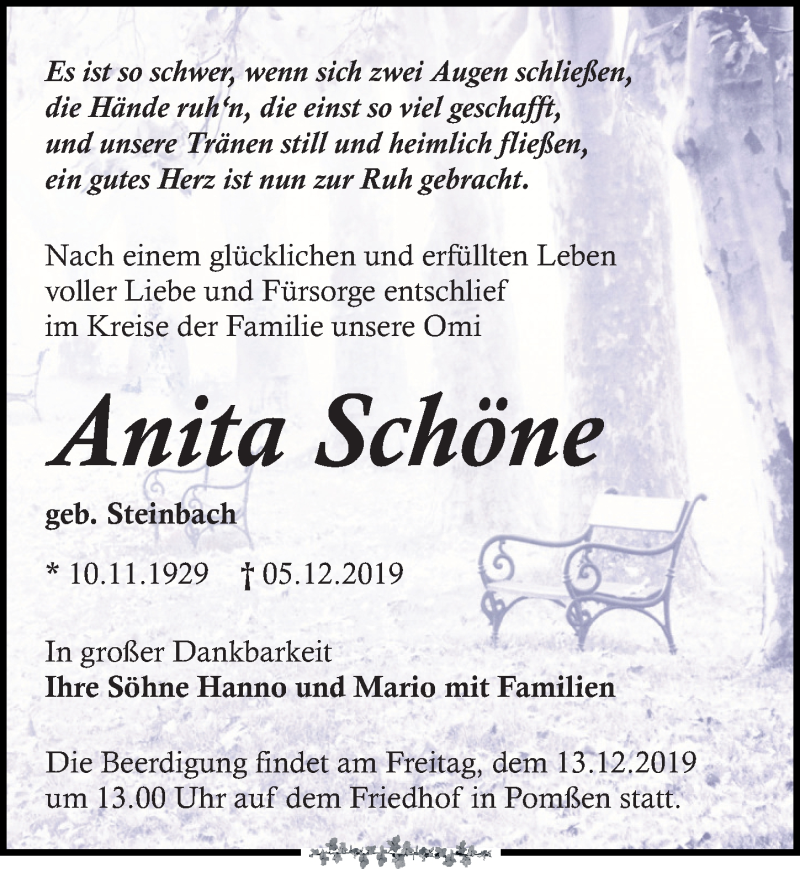 Traueranzeigen Von Anita Schone Trauer Anzeigen De