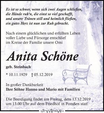 Traueranzeige von Anita Schöne von Leipziger Volkszeitung