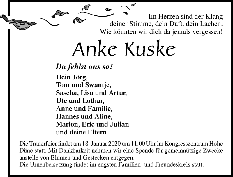  Traueranzeige für Anke Kuske vom 21.12.2019 aus Ostsee-Zeitung GmbH