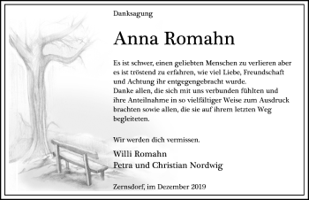 Traueranzeige von Anna Romahn von Märkischen Allgemeine Zeitung