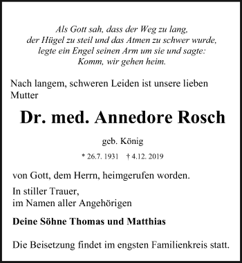 Traueranzeige von Annedore Rosch von Ostsee-Zeitung GmbH