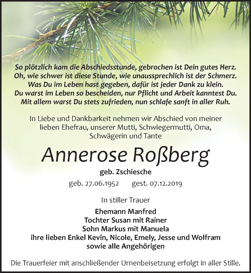  Traueranzeige für Annerose Roßberg vom 14.12.2019 aus Leipziger Volkszeitung