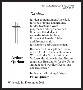 Traueranzeige von Arthur Quriam von Märkischen Allgemeine Zeitung