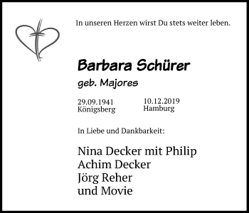 Traueranzeige von Barbara Schürer von Lübecker Nachrichten