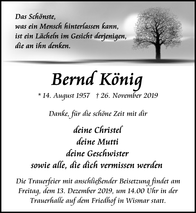  Traueranzeige für Bernd König vom 07.12.2019 aus Ostsee-Zeitung GmbH
