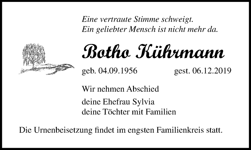  Traueranzeige für Botho Kührmann vom 14.12.2019 aus Ostsee-Zeitung GmbH