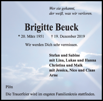 Traueranzeige von Brigitte Beuck von Kieler Nachrichten