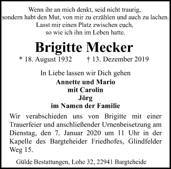 Traueranzeige von Brigitte Mecker von Ostsee-Zeitung GmbH