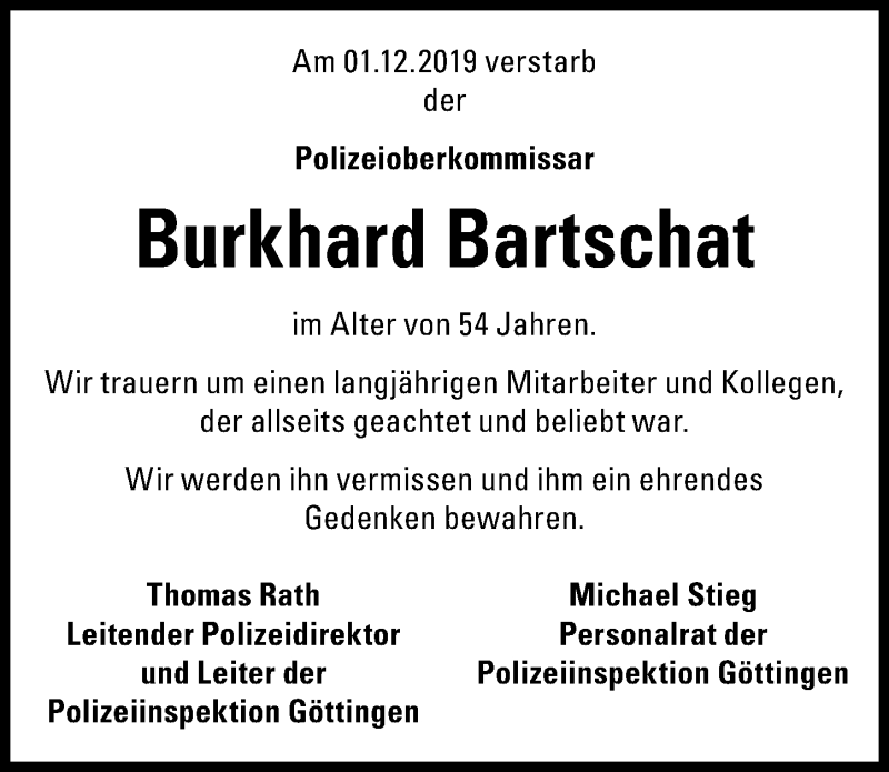 Traueranzeige für Burkhard Bartschat vom 07.12.2019 aus Göttinger Tageblatt