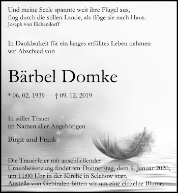 Traueranzeige von Bärbel Domke von Märkischen Allgemeine Zeitung