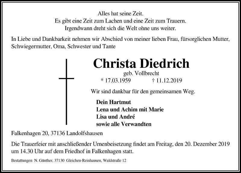  Traueranzeige für Christa Diedrich vom 14.12.2019 aus Göttinger Tageblatt