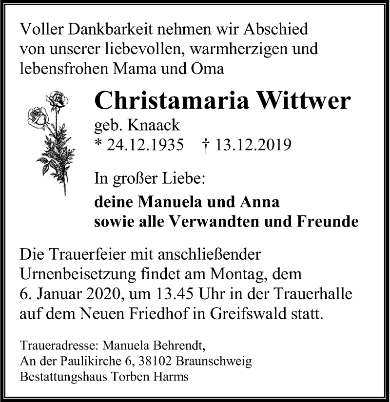  Traueranzeige für Christamaria Wittwer vom 21.12.2019 aus Ostsee-Zeitung GmbH