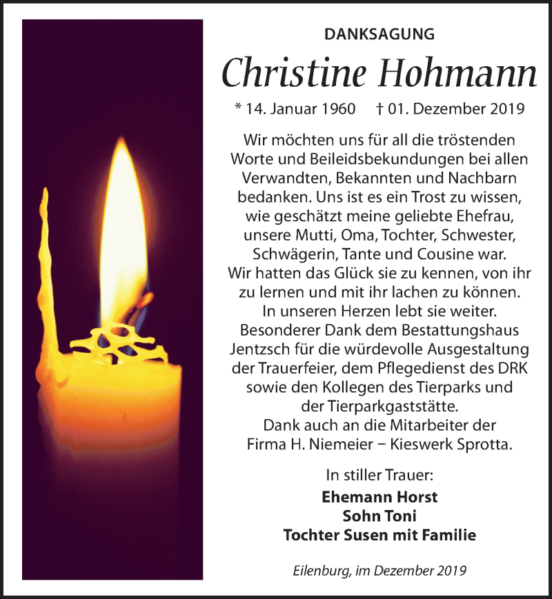  Traueranzeige für Christine Hohmann vom 21.12.2019 aus Leipziger Volkszeitung